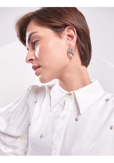 İnci İşlemeli Jakarlı Tunik-ekru Ekru