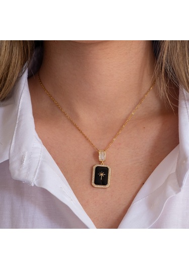 Çelik Kolye Siyah Yıldız Işıltısı Model K-124 Altın