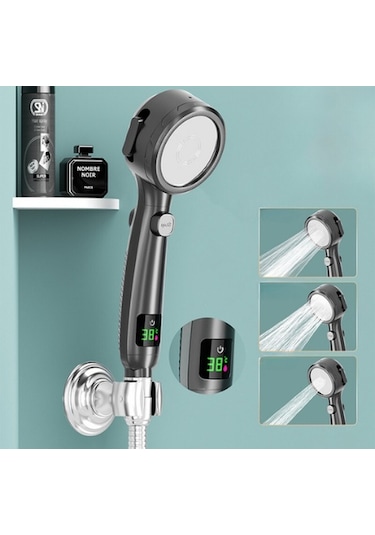 Su Tasarruflu Basınçlı Ayarlanabilir Led Dijital Sıcaklık Göstergeli Yüksek Basınçlı Duş Başlığı Siyah