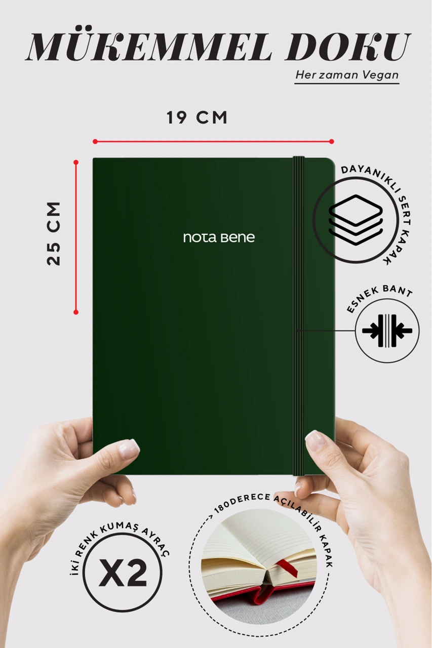 Nota Bene Classic Sert Kapak Defter, 19x25 Cm, Çizgili Yeşil