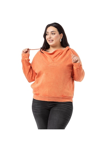 Büyük Beden Degaje Kapüşonlu Yaka Cepli Parça Boyalı Üç İplik Turuncu Sweatshirt-turuncu Turuncu