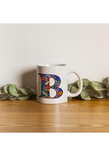 B Harfi Bardak 330 Ml İsme/harfe Özel Hediye, Renkli Harf Tasarım Beyaz
