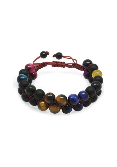 Çift Sıra Makrome Örgülü Küre Kesim Çoklu Kaplangözü Doğaltaş Kombinli Erkek Enerji Bilekliği Çok Renkli