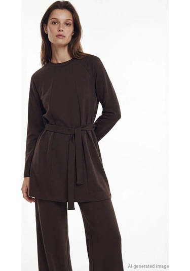 Lc Waikiki Kahverengi Bisiklet Yaka Soft Touch Kadın Sweatshirt Tunik
