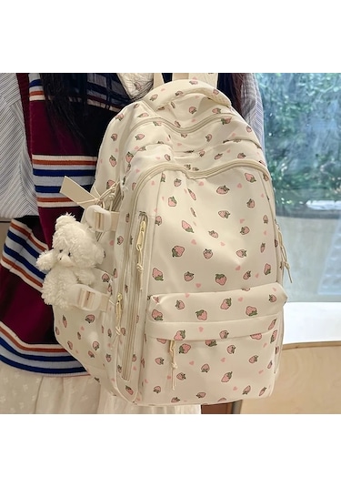 Oldfriend Orchid Askı Aksesuarlı Çilek Baskılı Kalp Kesmeli Sırt Çantası Geniş Kapasiteli Orkide + Asılı Süs - 2 Parça