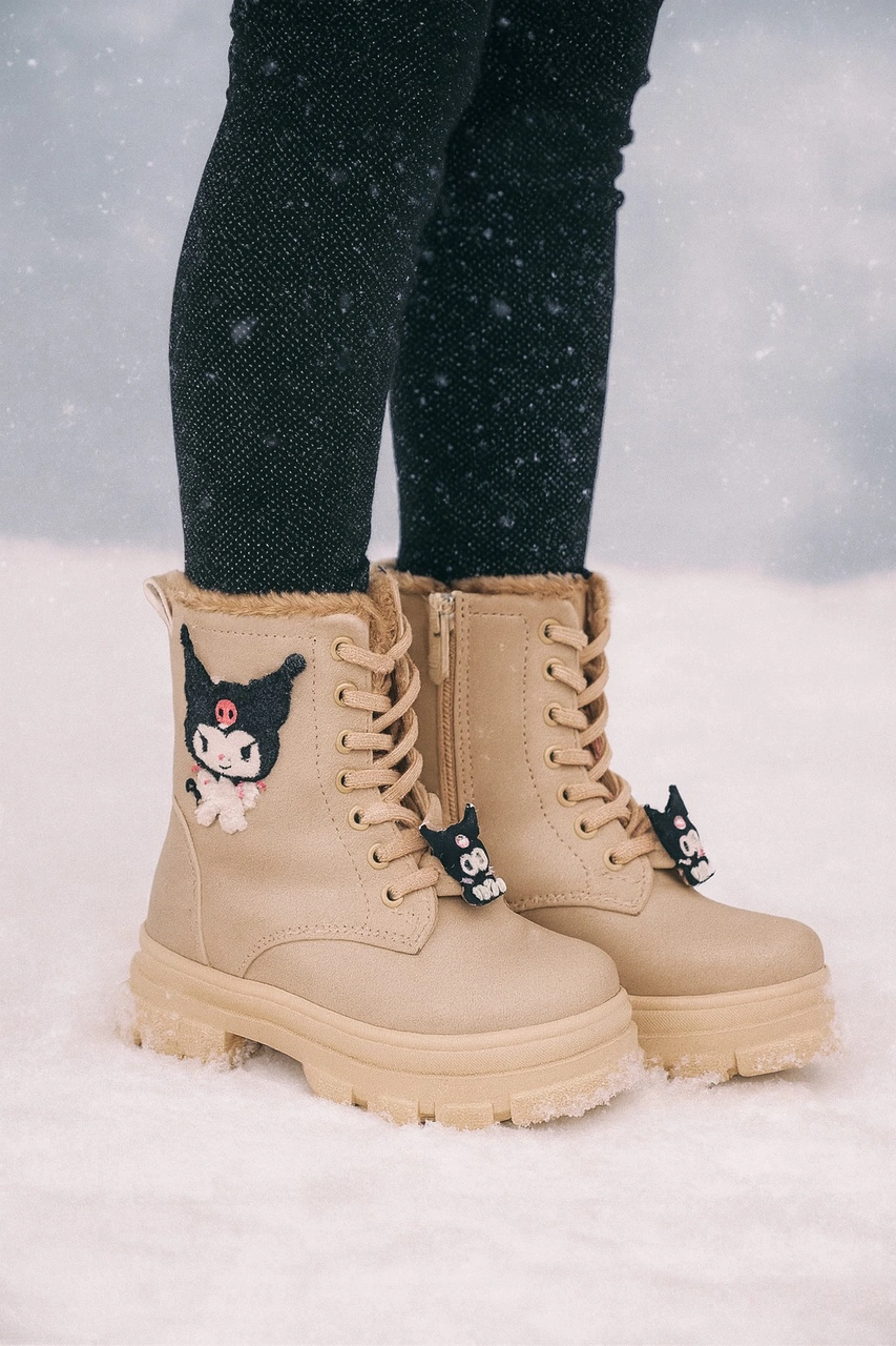 Kız Çocuk Figür Detaylı Fermuarlı Bot Bej