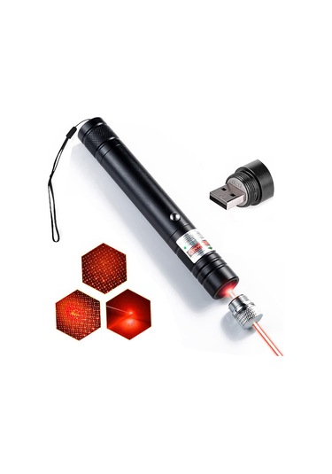 Yunboo Usb Doğrudan Şarjlı Dış Mekan Yıldız Desenli Yüksek Güçlü Uzun Menzilli Lazer Feneri - Kırmızı Işık Siyah