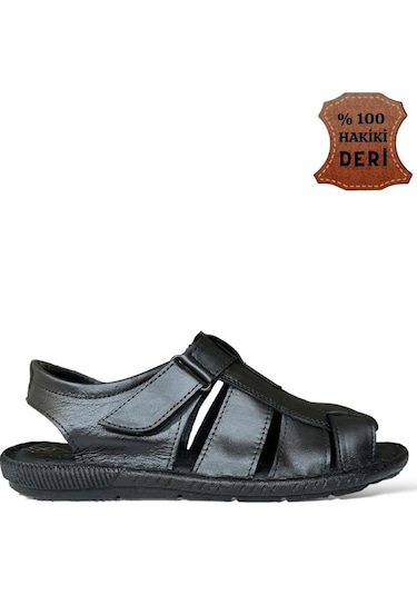 Erkek Hakiki Deri Cırtlı Sandalet Siyah-siyah Siyah