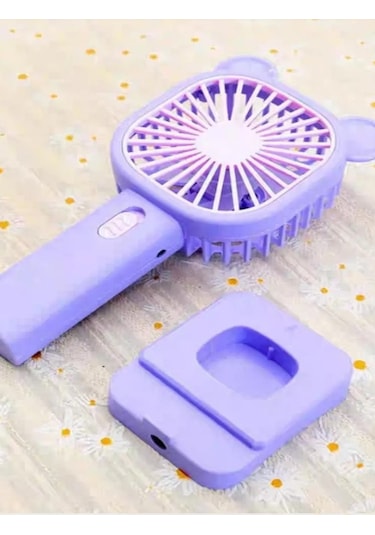 Şarj Edilebilir Fanlı Kulaklı Taçlı Kalemtraşlı Telefon Tutuculu Vantilatör - Mor
