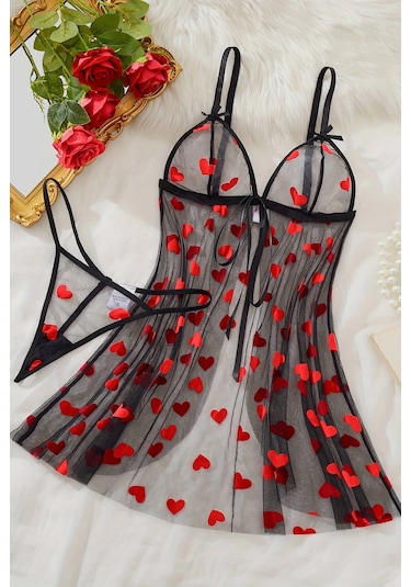 Kalp Desenli Siyah Transparan Gecelik Brf1378 Siyah