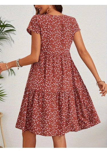 Kadın Kısa Kollu Bisiklet Yaka Çiçek Desenli Süprem Elbise Bordo