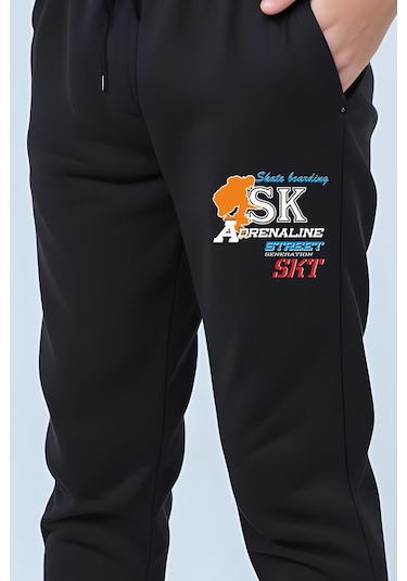 Sk Baskılı Erkek Çocuk Beli Lastik Detaylı Bağlamalı Eşofman Altı Siyah