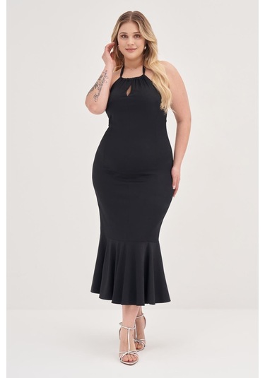 Boyundan Bağlamalı Vücuda Oturan Elbise-1779-siyah Siyah