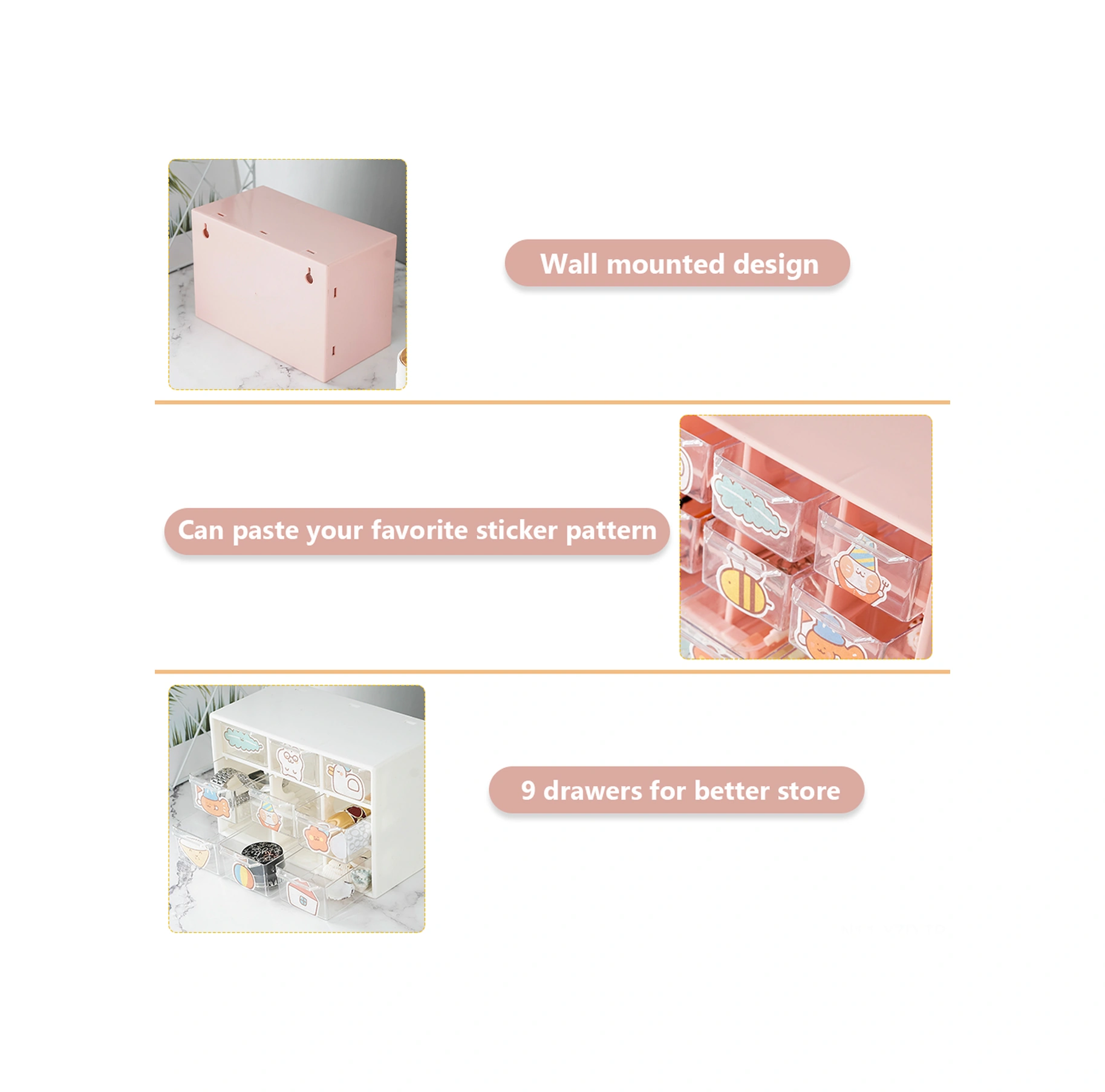 Yuntech01 Plastik 9 Bölmeli Çekmeceli Depolama Kutusu - Toz Koruma - Pembe - Parça Ve Alet Saklama Pembe