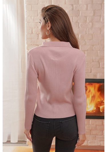 Aqe Fashion Çift Açılır Fermuarlı Polo Yaka Hırka Pudra