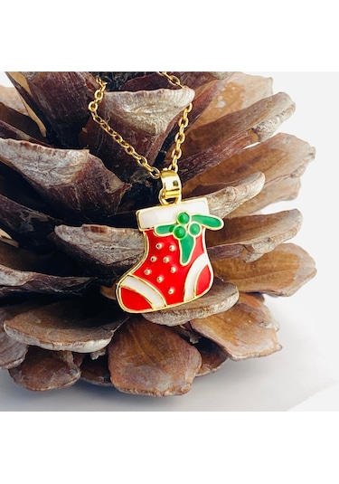 Yılbaşı Hediyelik Kolye Noel Çorabı Kolye Çelik Gold 45cm Gold