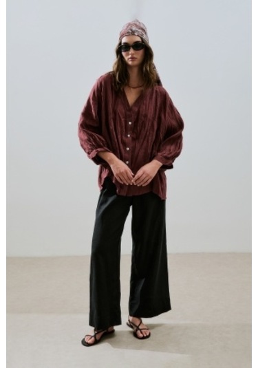 Keten Krushlı Düğmeli Bluz Erik Çürüğü Erik Çürüğü