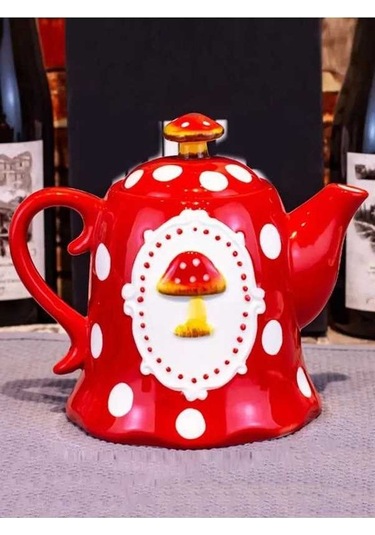 Fortunelane Fırınlanmış Seramik Mantar Desenli Çaydanlık, 0.91l Kapasite, Kapağı İle Ev Ve Misafir İçin Kırmızı Kırmızı