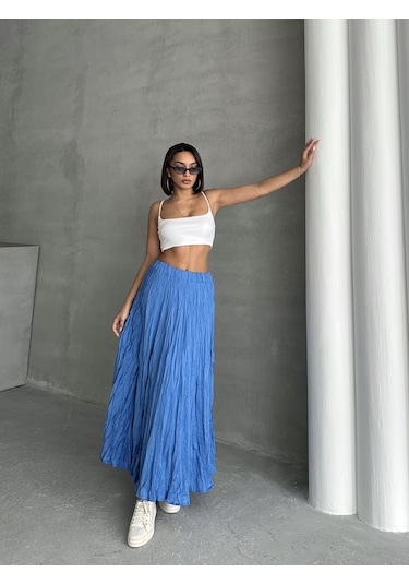 Kadın Buruşuk Modal Dokulu Soft Uzun Etek Mavi