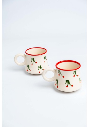 2 Li Takım Kirazlı Desenli El Yapımı Kazan Seramik Kahve Fincanı, Kahve Fincanı Beyaz