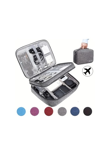 Fochsia Çift Katmanlı Şarj Kablosu Çantası Seyahat Usb Saklama Çantası Usb Sürücü Harddisk