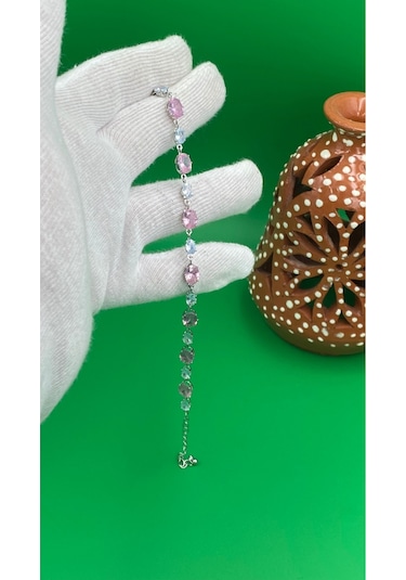 Kadın Gümüş Renk Renkli Zirkon Taşlı Çelik Bileklik Altın - Pembe