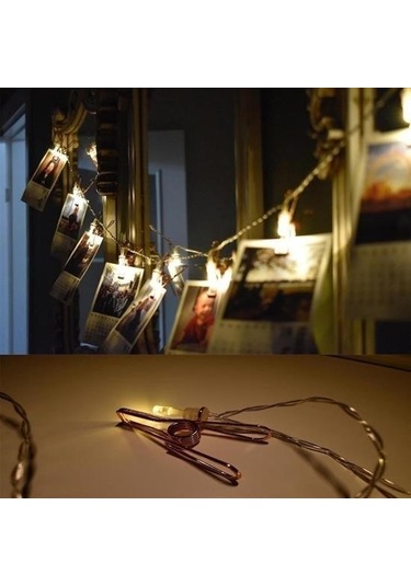 Hobibahçem Bakır Renkli Led Işıklı Fotoğraf Asma Işık Süsleme Mandalları Beyaz