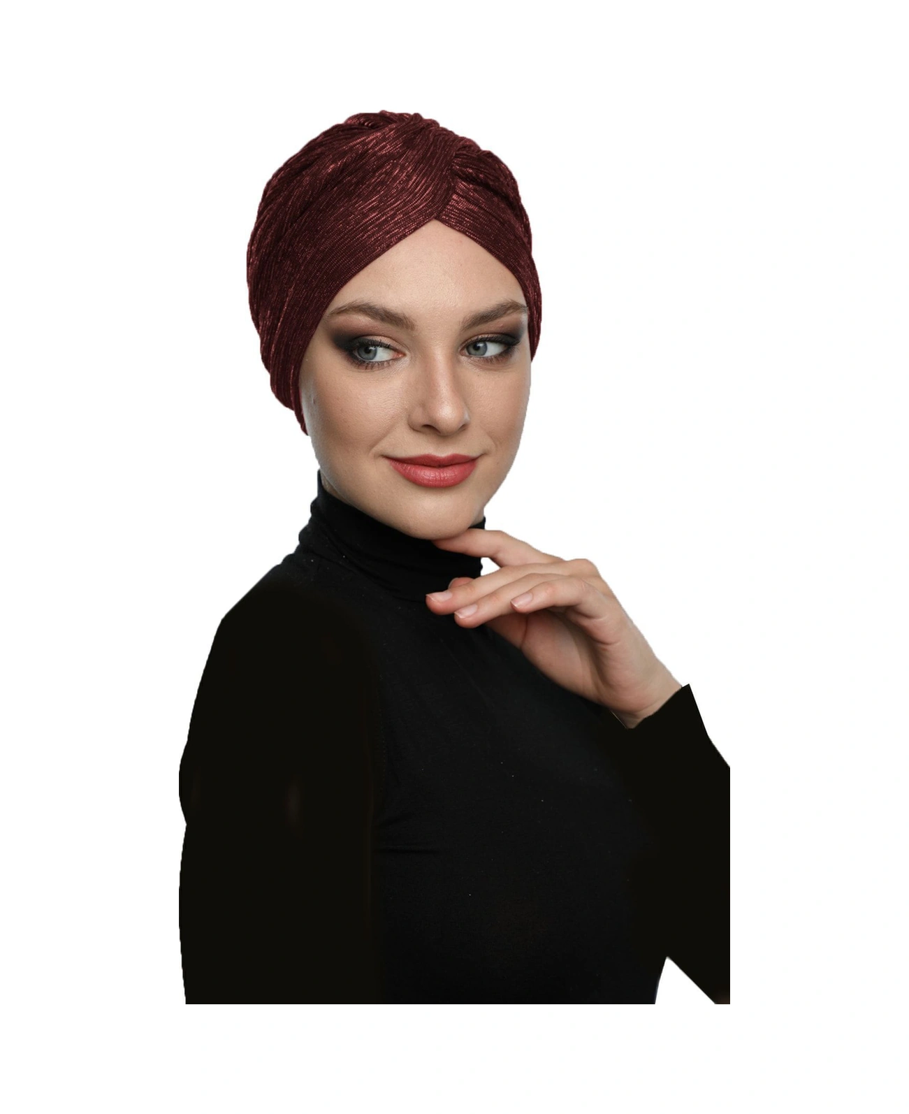 Simli Çapraz Astarlı Bordo Hazır Türban Tesettür Bone Bordo