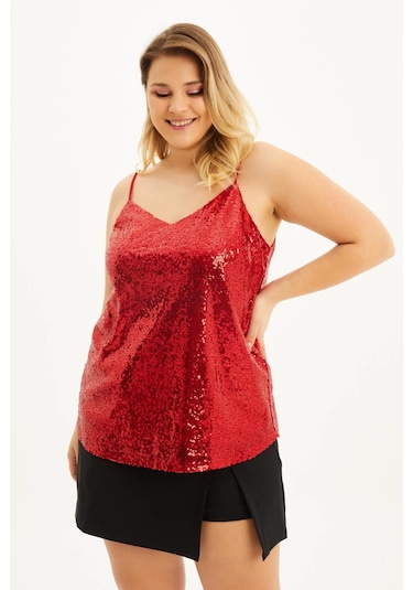 Astarlı İp Askılı Payetli Bluz-1683 Kırmızı