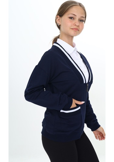 Toontoy Kız Çocuk Lacivert V Yaka Fermuarlı Tek Cepli Düşük Omuz Örme Okul Hırkası - 2 İplik Lacivert