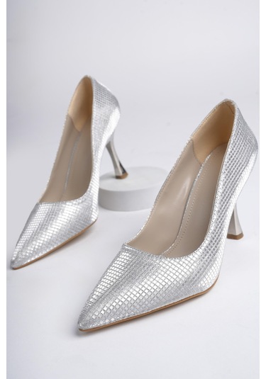 Muggo Yowel Garantili Sivri Burun Kadın Topuklu Stiletto Ayakkabı Gümüş