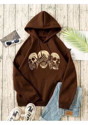 Unisex Kahverengi Kafatası Baskılı Oversize Kapşonlu Sweatshirt 001