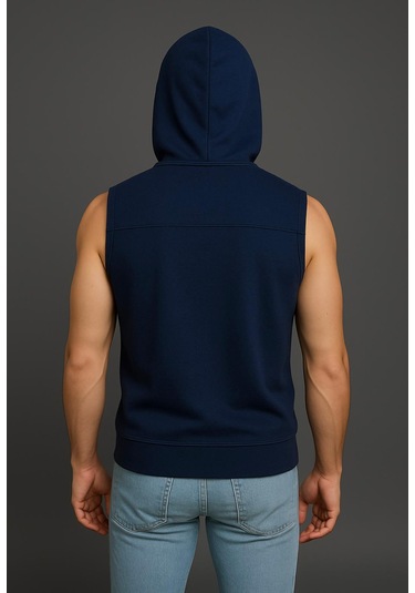 Axxel Erkek Lacivert Fermuarlı Kapüşonlu Kanguru Cepli Kolsuz Yelek-y1142 Lacivert