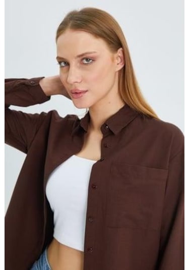 9942 Kadın Oxford Uzun Kol Basic Gömlek Kahve Kahve