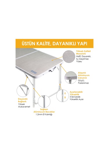 Haegs Portatif Kamp Masası, 3 Yükseklik Ayarlı, Katlanır Piknik Masası, Kolay Taşınabilir Alüminyum Masa - 80x50 - Antrasit