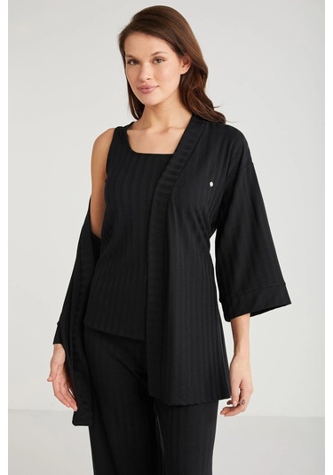 Penye Mood 3lü Kısa Kol Sabahlık Pijama Takımı Siyah