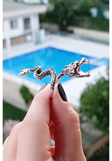 Sigara Tutabilen Ejderha Şekilli Erkek Yüzük Gümüş Kaplama Ayarla Çok Renkli