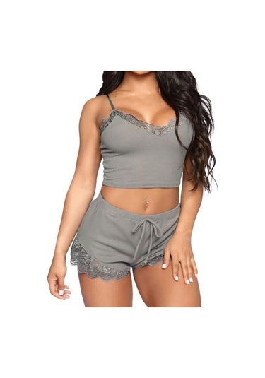 Gri Kadın Gecelik Seti Kırpma Üst Nefes Bel-açık Kolsuz Bayan Gece Giysileri Uyku İçin Gri