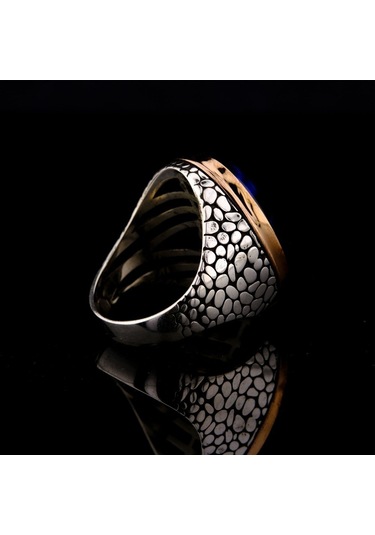 925 Ayar Gümüş Mavi Kaplan Gözü Taşlı Duvar Desenli Erkek Yüzük Çok Renkli