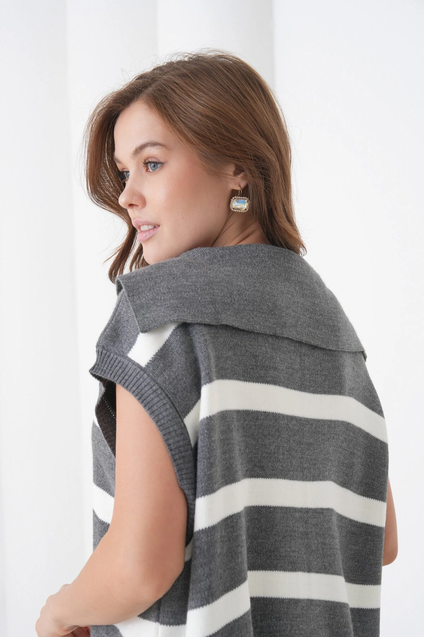 Kadın Kolsuz Gömlek Yaka Triko Tesettüre Uygun Spor Şık Yelek Gri