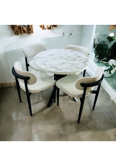 Yeliz Mutfak Masa Takımı 4 Kişilik Beyaz Mermer Desenli Yeliz002 Beyaz