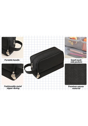 Mufunye 7 Bölmeli Geniş Kapasiteli Kanvas Kalem Çantası - Okul Ofis Stoklarını Düzenleyen Taşınabilir Çantam Siyah Siyah