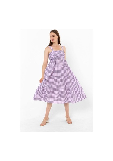 Askılı Pötikare Desenli Yazlık Midi Boy Kadın Elbise 1300