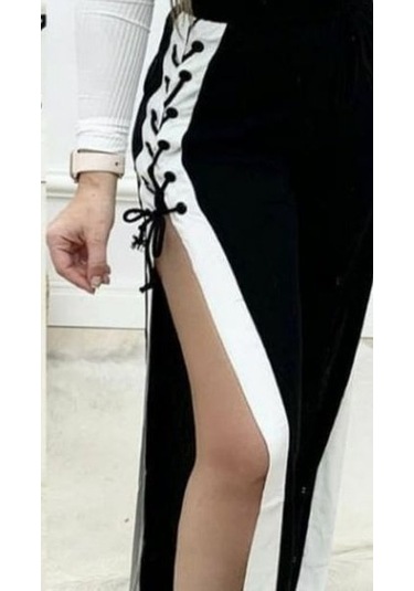 Tua Moda Kadın Yüksek Bel Yandan Çapraz Bağcıklı Yırtmaçlı Viskon Iki Iplik Pantolon Siyah