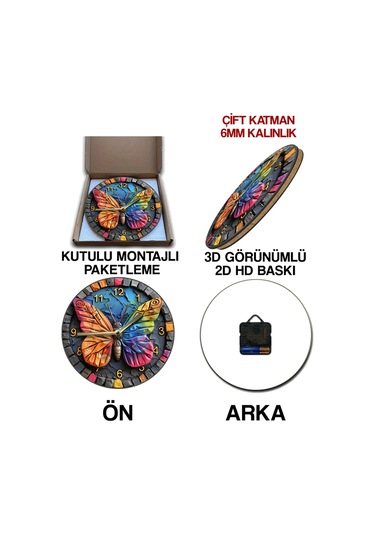 Renkli Kelebek Figürlü Çift Katmanlı Mdf Duvar Saati 3d Görünümlü 33 Cm Sdw004 Renkli