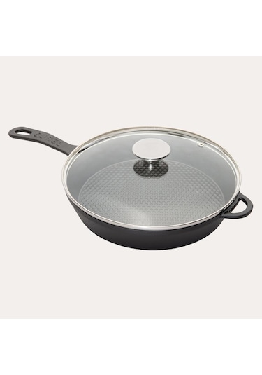Sürel Döküm 28 Cm Yuvarlak Cam Kapaklı Tava Mat Siyah