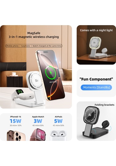 C40 3'ü 1 Arada Katlanabilir Şarj Standı Telefon İzle Kulaklık 15w Manyetik Kablosuz Şarj Cihazı Led Sıcak Işık Siyah