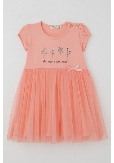 Breeze Kız Çocuk Elbise Çiçek Baskılı Tüllü Fiyonk Detaylı 1.5-5 Yaş, Somon SOMON
