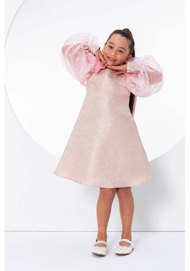 Riccotarz Kız Çocuk Çiçekli Boyunluk Hediyeli Şeffaf Karpuz Kollu Üzeri Pembe Lila Elbise Pembe