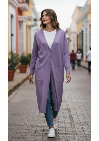 Kadın Önü Düğmeli V Yaka Cepli Mevsimlik Hırka Gülkurusu